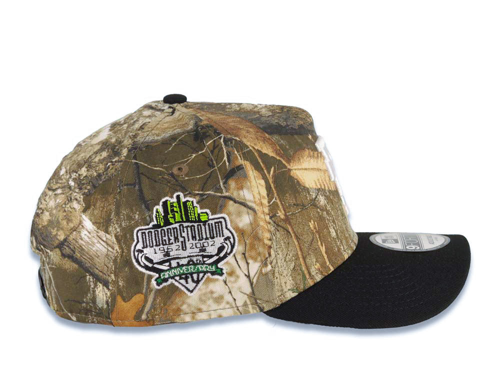 Los Angeles Dodgers New Era MLB 9FORTY 940 Adjustable A-Frame Cap Hat Real Tree Edge Camo Crown Black Visor White Upside Down Logo Stadium Patch