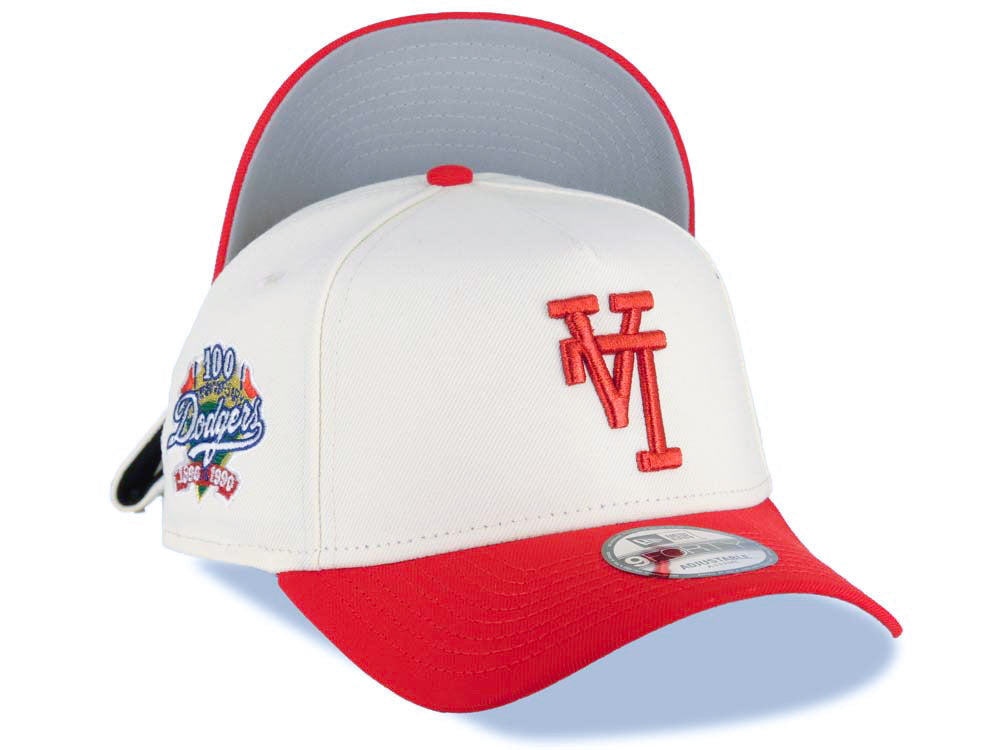 Los Angeles Dodgers New Era MLB 9FORTY 940 Adjustable A-Frame Cap Hat Cream Crown Red Visor Metallic Red Upside Down Logo 100 Anniversary Side Patch Gray UV
