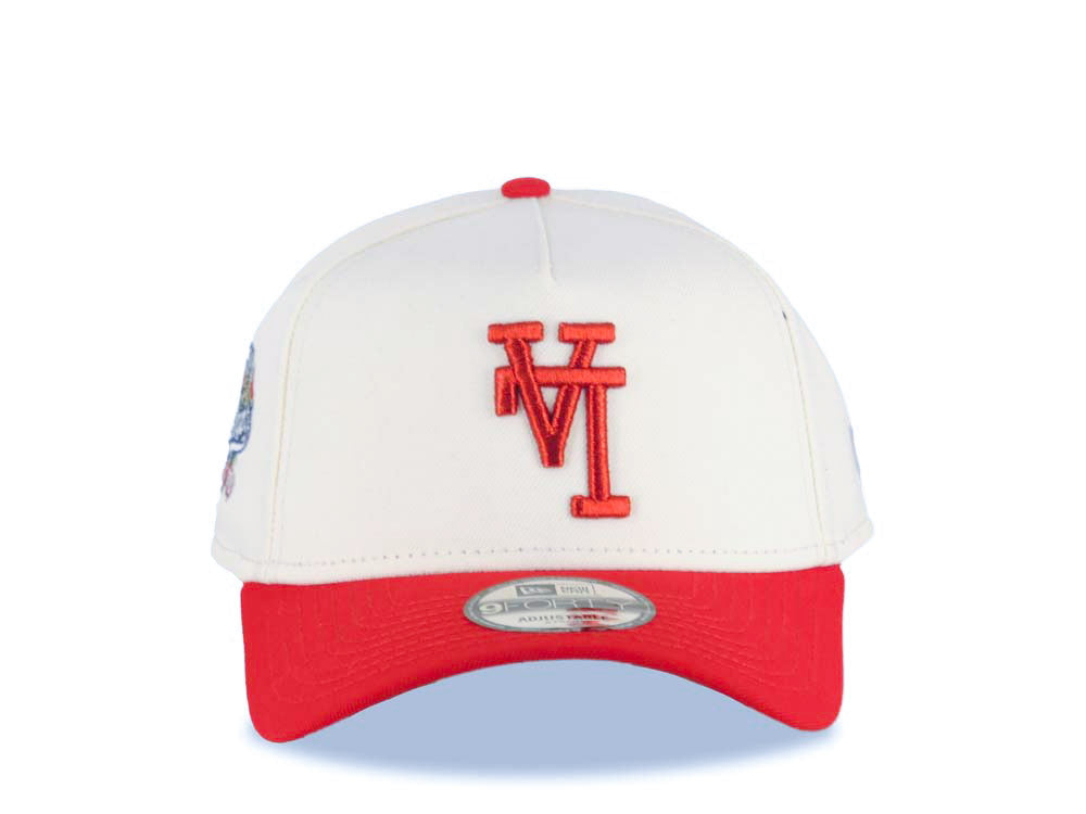 Los Angeles Dodgers New Era MLB 9FORTY 940 Adjustable A-Frame Cap Hat Cream Crown Red Visor Metallic Red Upside Down Logo 100 Anniversary Side Patch Gray UV