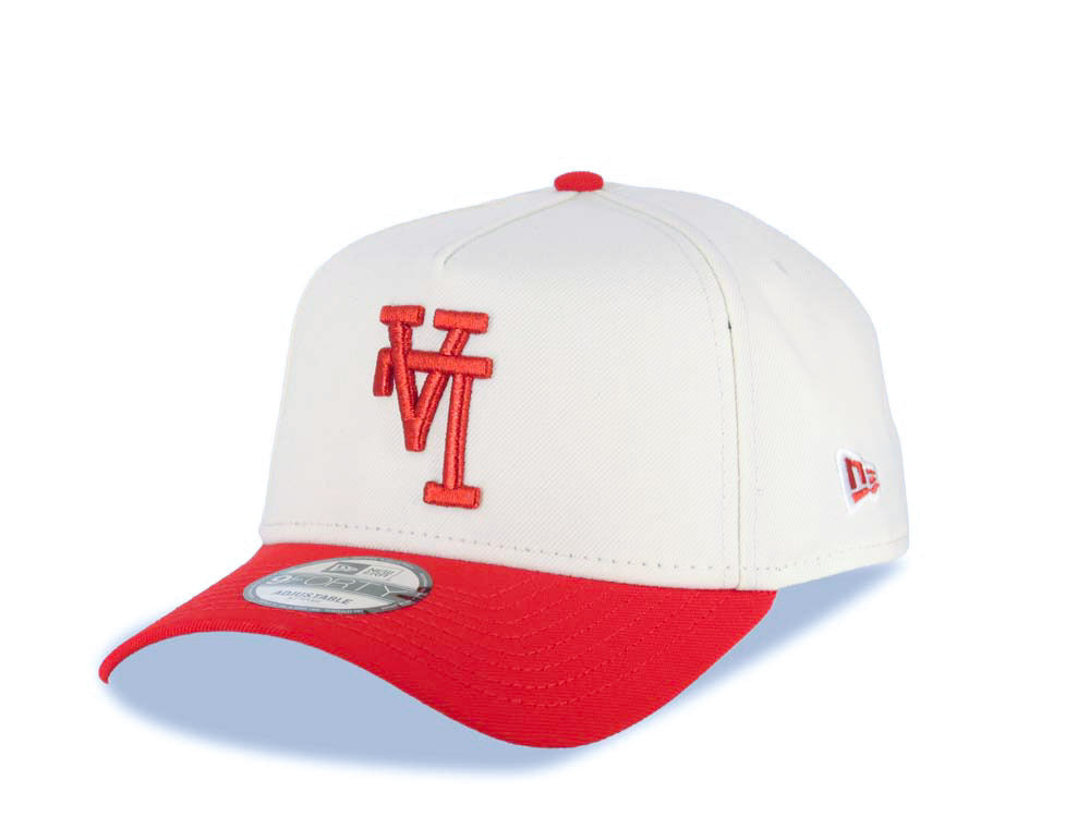 Los Angeles Dodgers New Era MLB 9FORTY 940 Adjustable A-Frame Cap Hat Cream Crown Red Visor Metallic Red Upside Down Logo 100 Anniversary Side Patch Gray UV