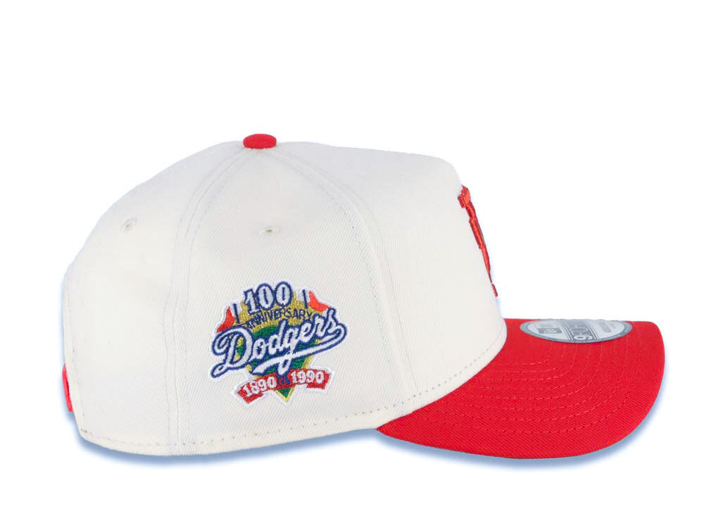 Los Angeles Dodgers New Era MLB 9FORTY 940 Adjustable A-Frame Cap Hat Cream Crown Red Visor Metallic Red Upside Down Logo 100 Anniversary Side Patch Gray UV