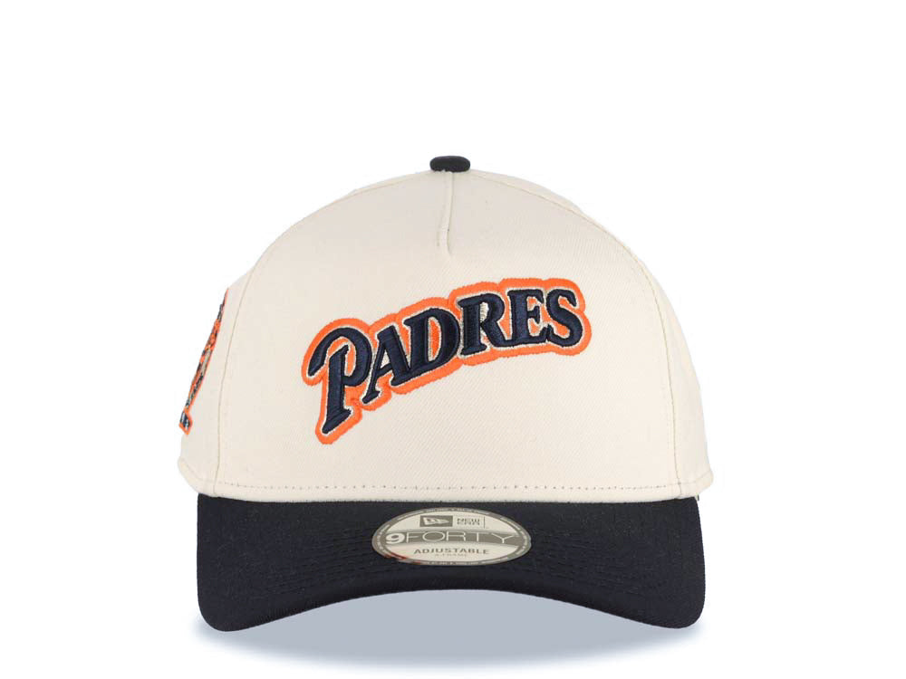 San Diego Padres New Era MLB 9FORTY 940 Adjustable A-Frame Cap Hat Cream Crown Navy Visor Navy/Silver/Orange Script Logo 25th Anniversary Side Patch