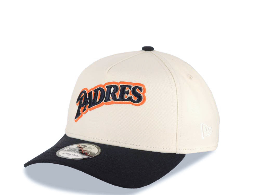 San Diego Padres New Era MLB 9FORTY 940 Adjustable A-Frame Cap Hat Cream Crown Navy Visor Navy/Silver/Orange Script Logo 25th Anniversary Side Patch