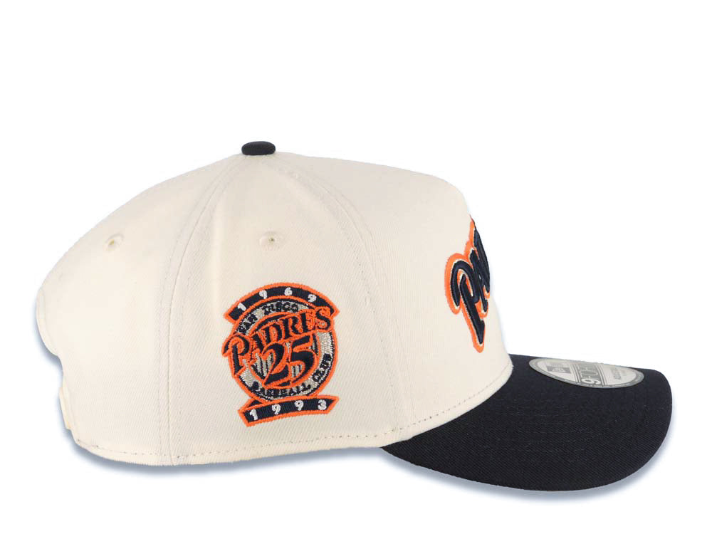 San Diego Padres New Era MLB 9FORTY 940 Adjustable A-Frame Cap Hat Cream Crown Navy Visor Navy/Silver/Orange Script Logo 25th Anniversary Side Patch