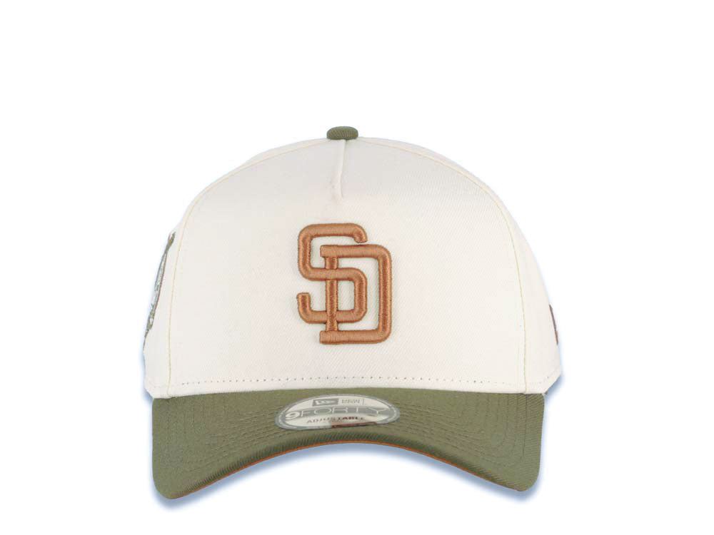 San Diego Padres New Era MLB 9FORTY 940 Adjustable A-Frame Cap Hat Cream Crown Olive Green Visor Light Brown Logo 40th Anniversary Side Patch
