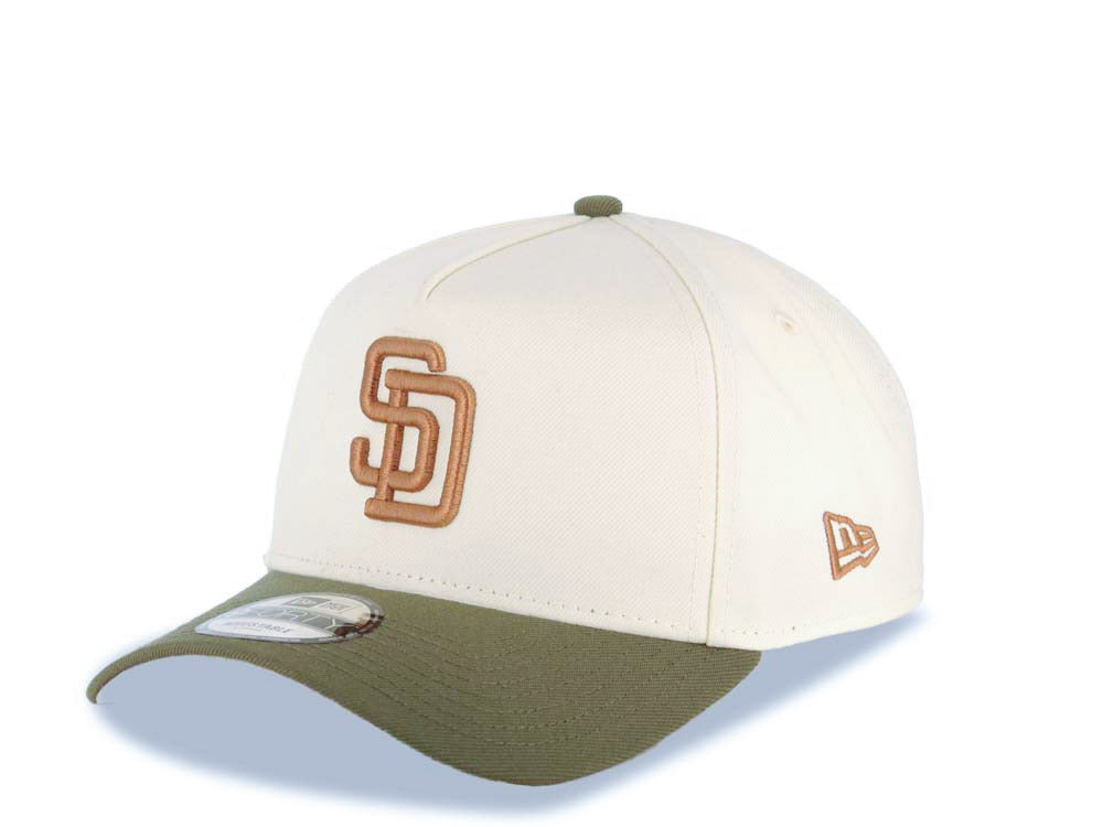 San Diego Padres New Era MLB 9FORTY 940 Adjustable A-Frame Cap Hat Cream Crown Olive Green Visor Light Brown Logo 40th Anniversary Side Patch