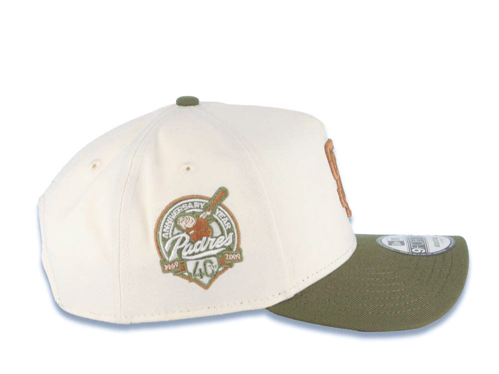 San Diego Padres New Era MLB 9FORTY 940 Adjustable A-Frame Cap Hat Cream Crown Olive Green Visor Light Brown Logo 40th Anniversary Side Patch