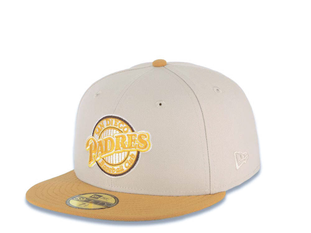 San Diego Padres New Era MLB 59FIFTY 5950 Fitted Cap Hat Stone Crown Tan Visor Wheat/Brown Baseball Club Logo 20th Anniversary Petco Park Side Patch