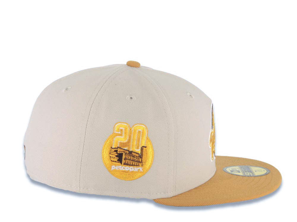 San Diego Padres New Era MLB 59FIFTY 5950 Fitted Cap Hat Stone Crown Tan Visor Wheat/Brown Baseball Club Logo 20th Anniversary Petco Park Side Patch