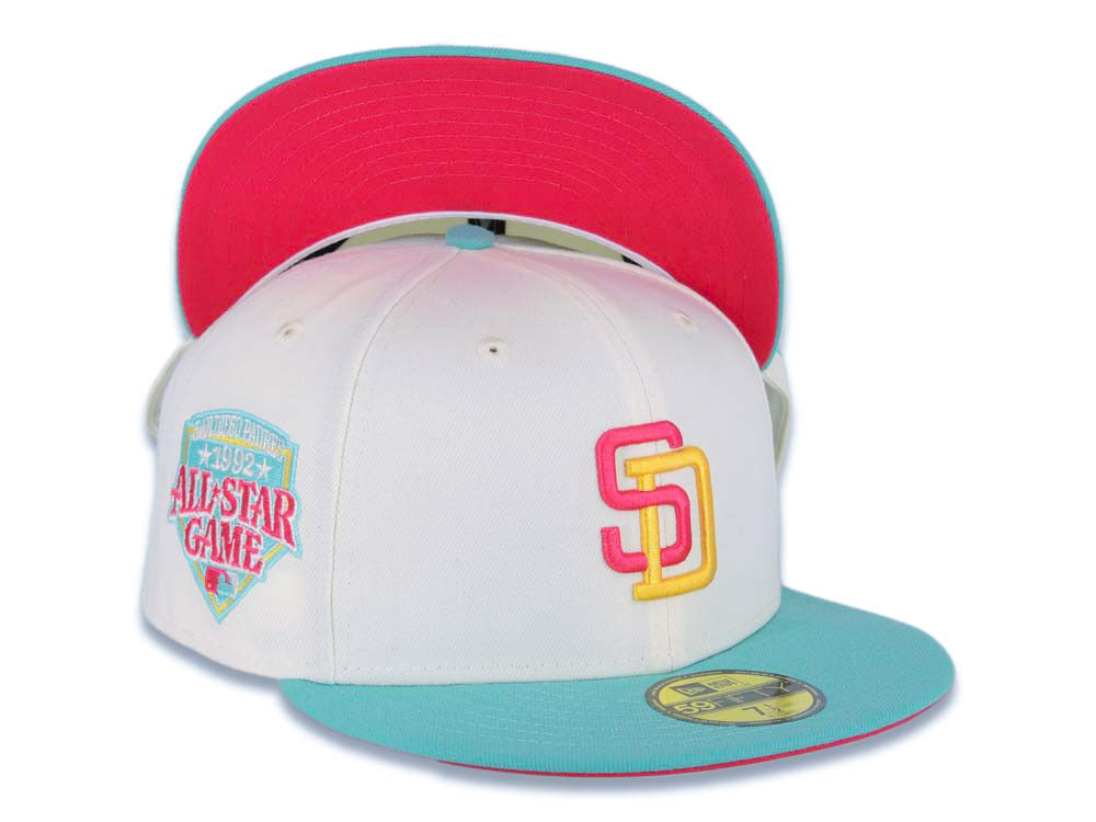 (Youth) San Diego Padres New Era MLB 59FIFTY 5950 Kid Fitted Cap Hat Cream Crown Teal Visor Magenta/Yellow Logo 1992 All-Star Game (City Connect)