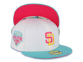 (Youth) San Diego Padres New Era MLB 59FIFTY 5950 Kid Fitted Cap Hat Cream Crown Teal Visor Magenta/Yellow Logo 1992 All-Star Game (City Connect)