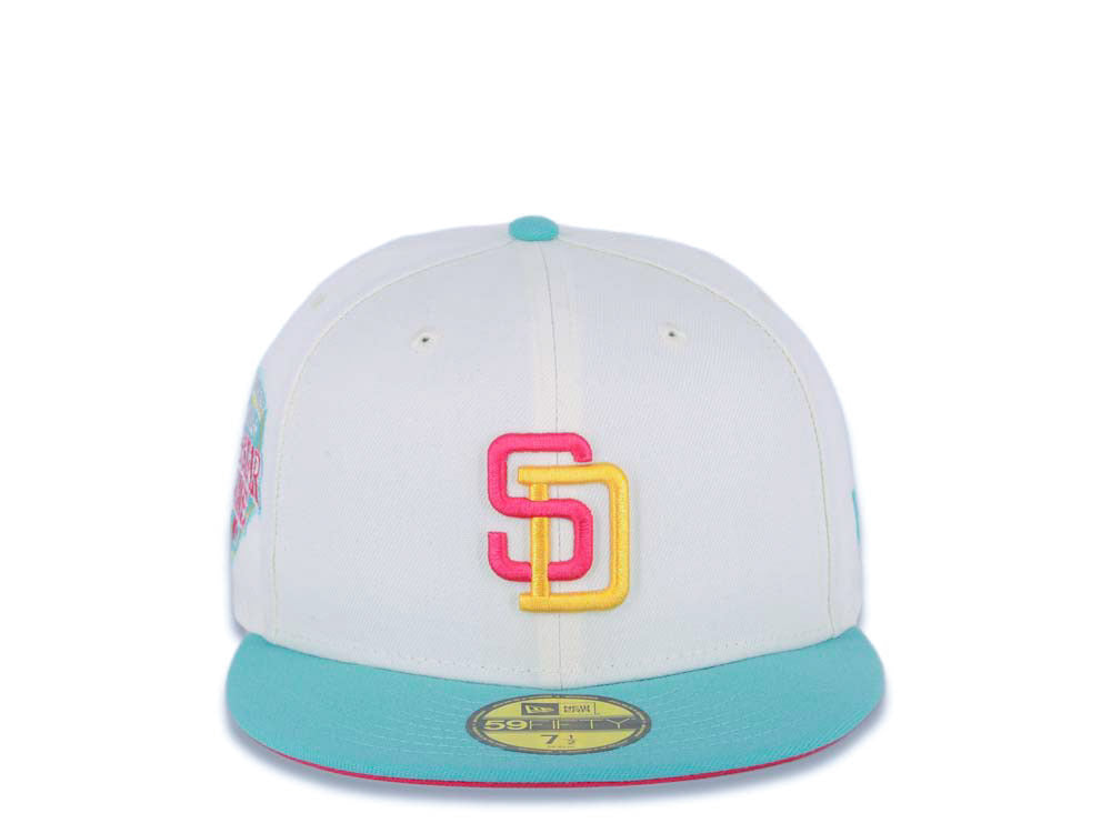 (Youth) San Diego Padres New Era MLB 59FIFTY 5950 Kid Fitted Cap Hat Cream Crown Teal Visor Magenta/Yellow Logo 1992 All-Star Game (City Connect)