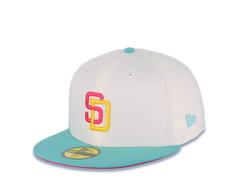 (Youth) San Diego Padres New Era MLB 59FIFTY 5950 Kid Fitted Cap Hat Cream Crown Teal Visor Magenta/Yellow Logo 1992 All-Star Game (City Connect)