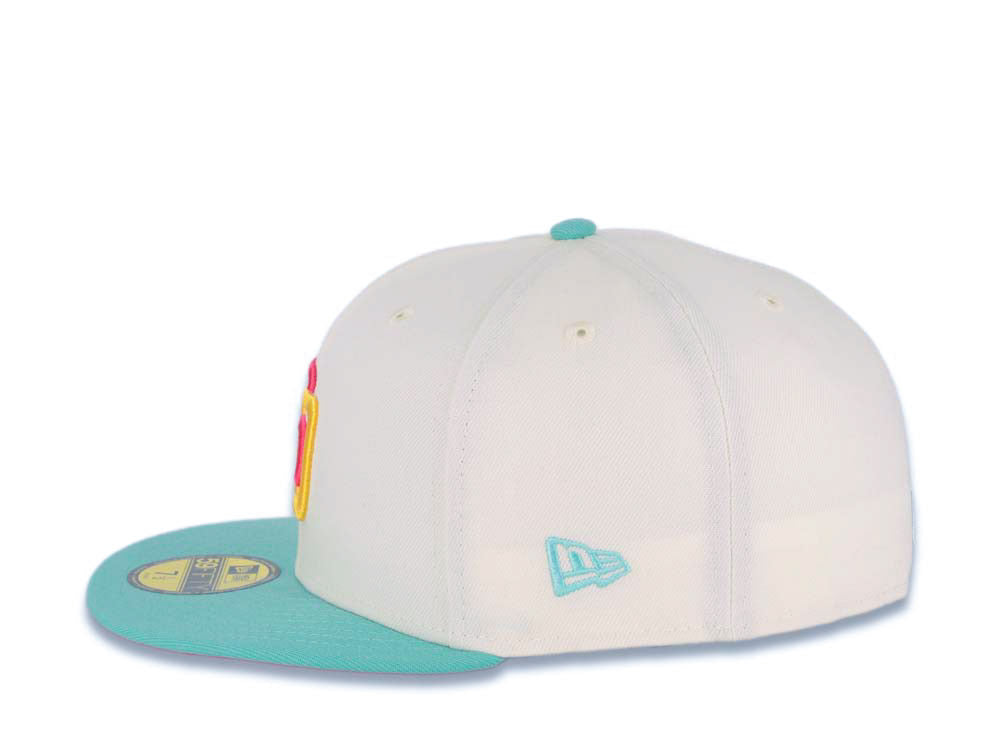 (Youth) San Diego Padres New Era MLB 59FIFTY 5950 Kid Fitted Cap Hat Cream Crown Teal Visor Magenta/Yellow Logo 1992 All-Star Game (City Connect)
