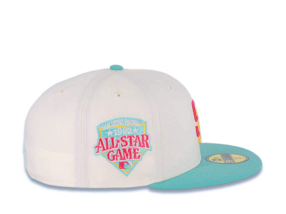 (Youth) San Diego Padres New Era MLB 59FIFTY 5950 Kid Fitted Cap Hat Cream Crown Teal Visor Magenta/Yellow Logo 1992 All-Star Game (City Connect)