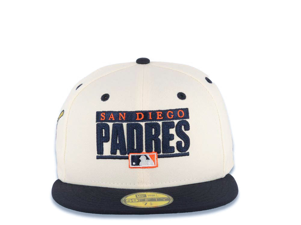San Diego Padres New Era MLB 59FIFTY 5950 Fitted Cap Hat Cream Crown Navy Blue Visor Navy Blue/Orange Text Logo Swinging Friar Side Patch Green UV