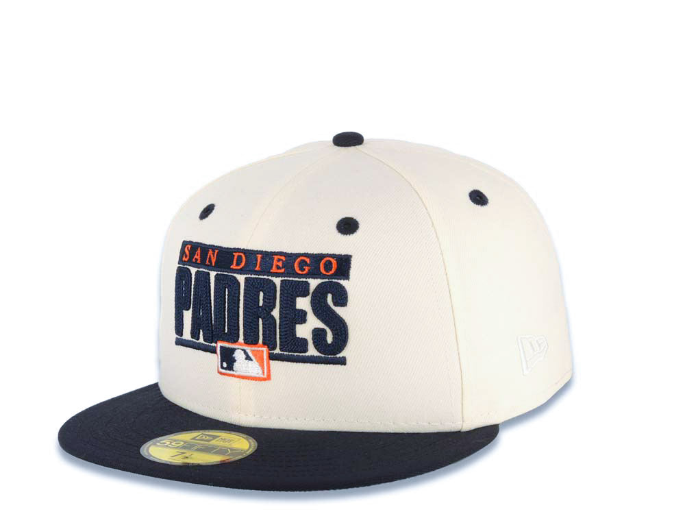 San Diego Padres New Era MLB 59FIFTY 5950 Fitted Cap Hat Cream Crown Navy Blue Visor Navy Blue/Orange Text Logo Swinging Friar Side Patch Green UV