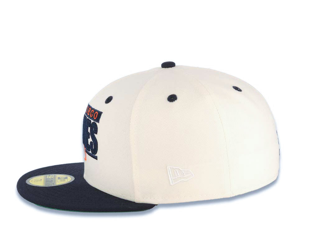 San Diego Padres New Era MLB 59FIFTY 5950 Fitted Cap Hat Cream Crown Navy Blue Visor Navy Blue/Orange Text Logo Swinging Friar Side Patch Green UV