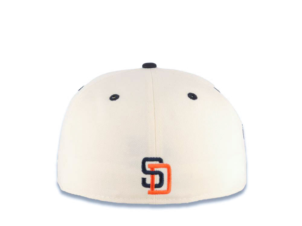 San Diego Padres New Era MLB 59FIFTY 5950 Fitted Cap Hat Cream Crown Navy Blue Visor Navy Blue/Orange Text Logo Swinging Friar Side Patch Green UV