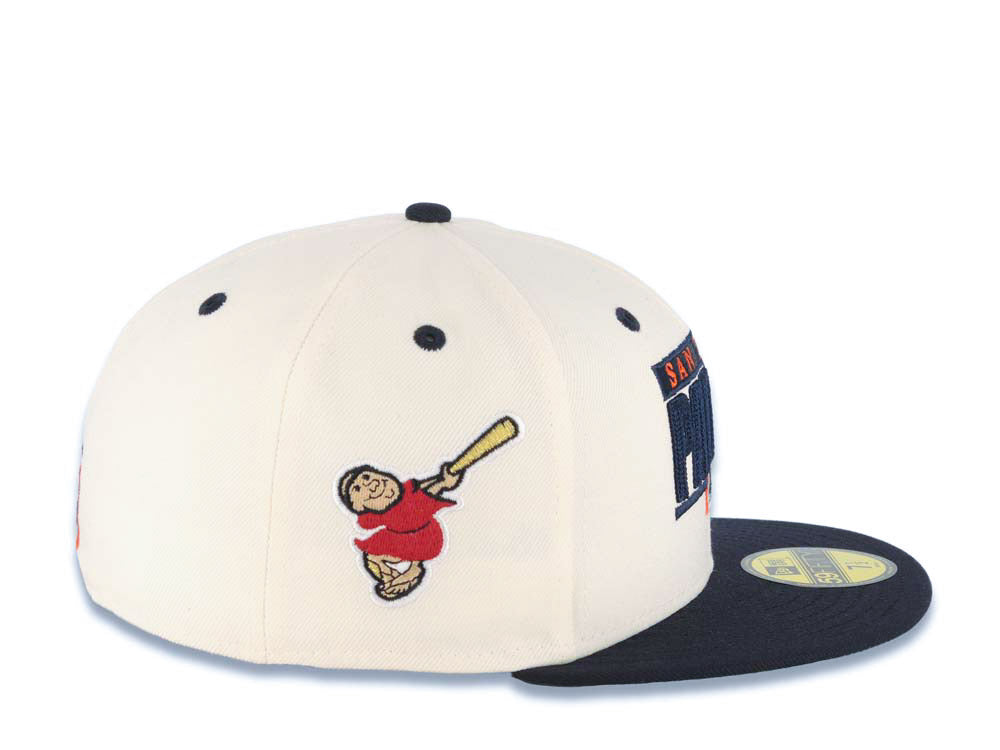 San Diego Padres New Era MLB 59FIFTY 5950 Fitted Cap Hat Cream Crown Navy Blue Visor Navy Blue/Orange Text Logo Swinging Friar Side Patch Green UV