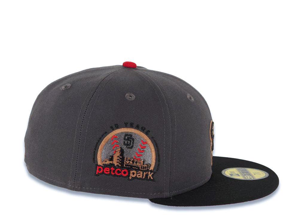San Diego Padres New Era MLB 59FIFTY 5950 Fitted Cap Hat Dark Gray Crown Black Visor Black/Red Swinging Friar Logo 10th Anniversary Petco Park Patch