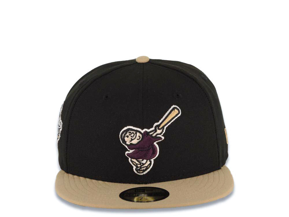 San Diego Padres New Era MLB 59FIFTY 5950 Fitted Cap Hat Black Crown Khaki Visor Maroon Swinging Friar Logo 1998 World Series Side Patch Gray UV