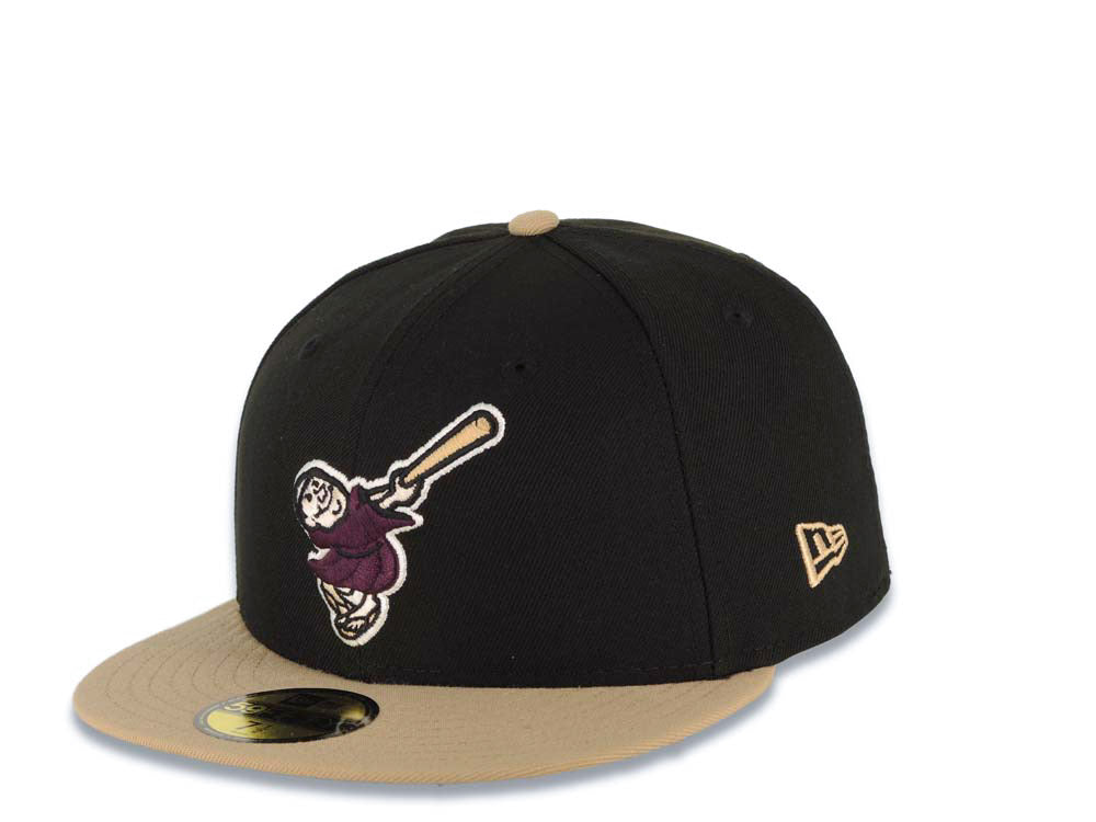San Diego Padres New Era MLB 59FIFTY 5950 Fitted Cap Hat Black Crown Khaki Visor Maroon Swinging Friar Logo 1998 World Series Side Patch Gray UV