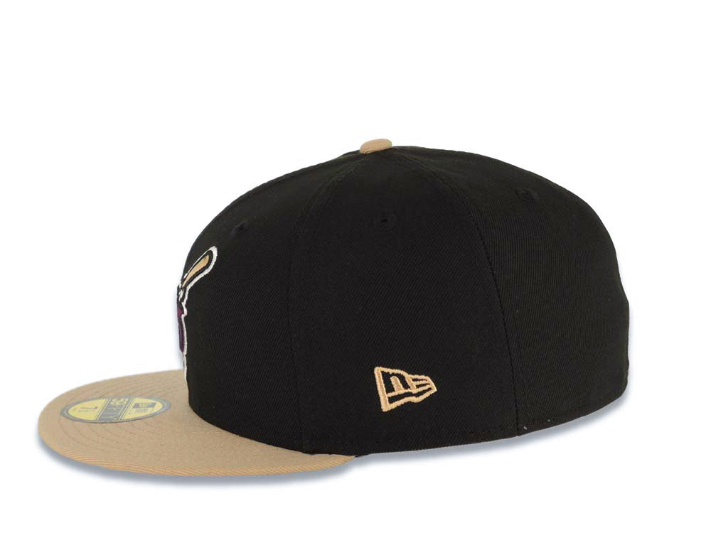 San Diego Padres New Era MLB 59FIFTY 5950 Fitted Cap Hat Black Crown Khaki Visor Maroon Swinging Friar Logo 1998 World Series Side Patch Gray UV