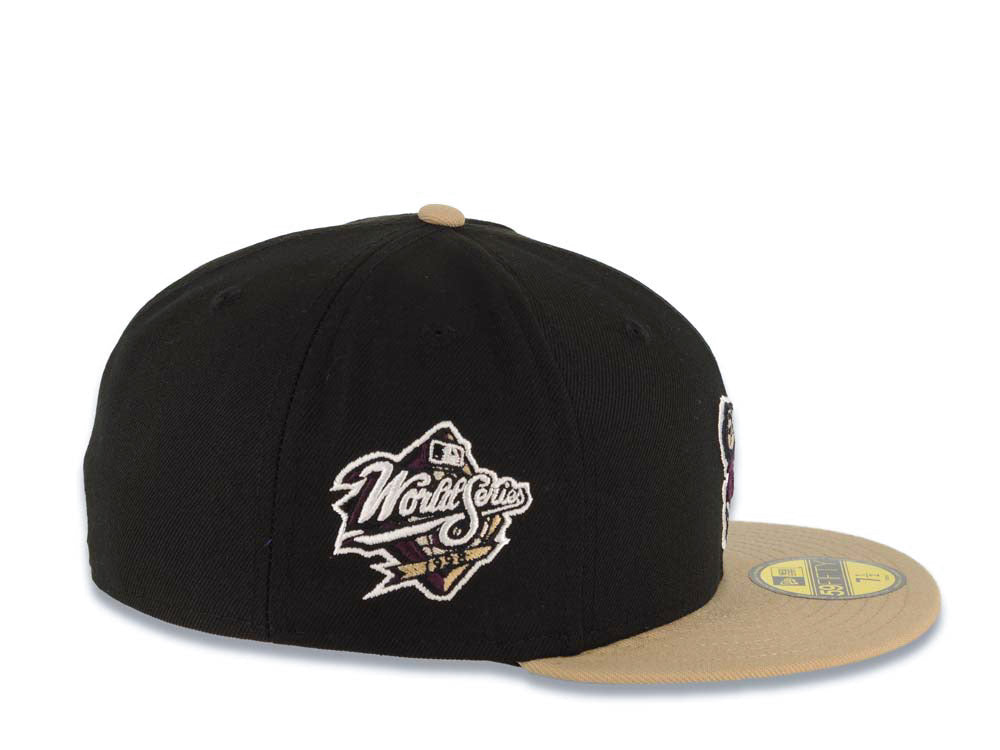 San Diego Padres New Era MLB 59FIFTY 5950 Fitted Cap Hat Black Crown Khaki Visor Maroon Swinging Friar Logo 1998 World Series Side Patch Gray UV