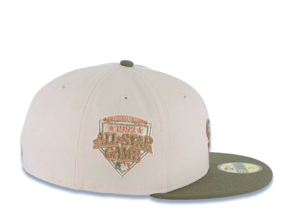 San Diego Padres New Era MLB 59FIFTY 5950 Fitted Cap Hat Stone Crown Olive Green Visor Green/Brown Swinging Friar Logo 1992 All-Star Game Side Patch