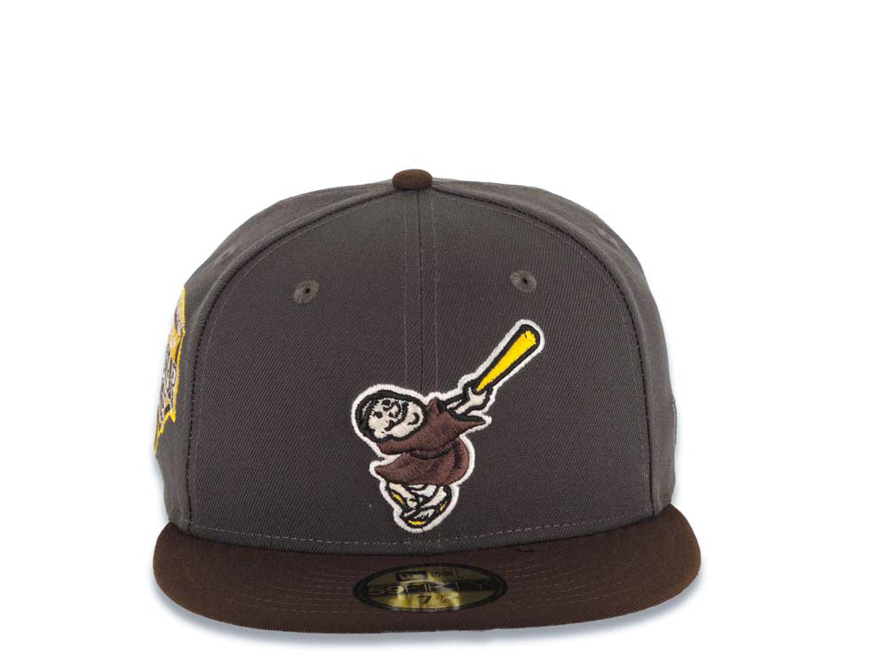 San Diego Padres New Era MLB 59FIFTY 5950 Fitted Cap Hat Dark Gray Crown Brown Visor Brown/Yellow Swinging Friar Logo 1992 All-Star Game Side Patch