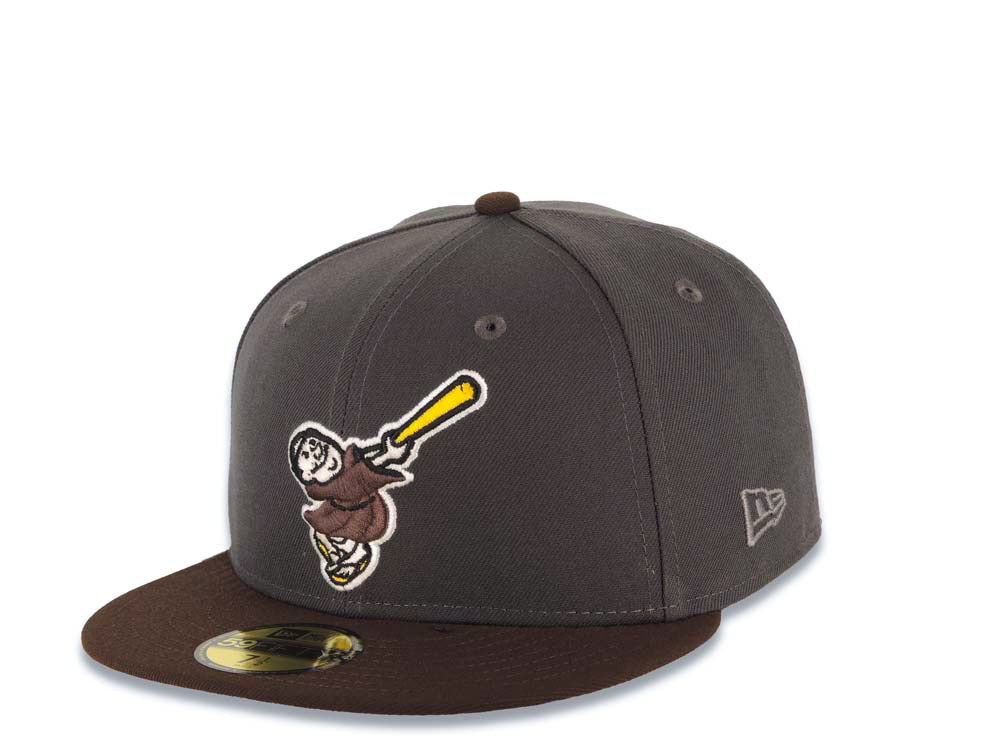 San Diego Padres New Era MLB 59FIFTY 5950 Fitted Cap Hat Dark Gray Crown Brown Visor Brown/Yellow Swinging Friar Logo 1992 All-Star Game Side Patch