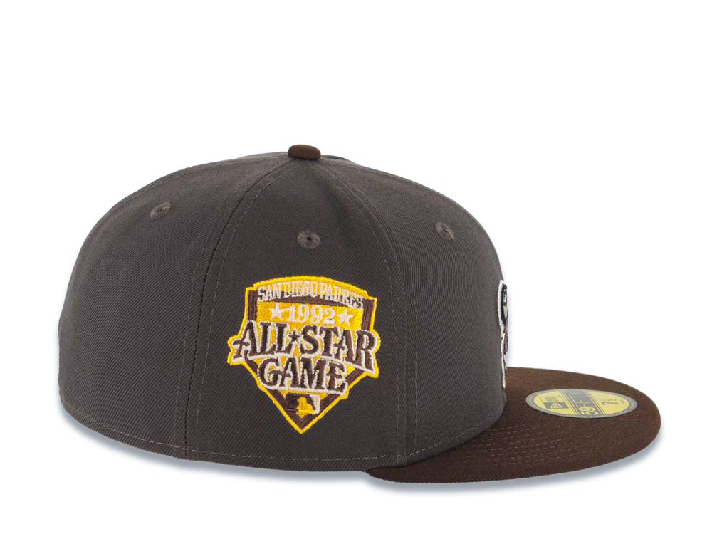 San Diego Padres New Era MLB 59FIFTY 5950 Fitted Cap Hat Dark Gray Crown Brown Visor Brown/Yellow Swinging Friar Logo 1992 All-Star Game Side Patch