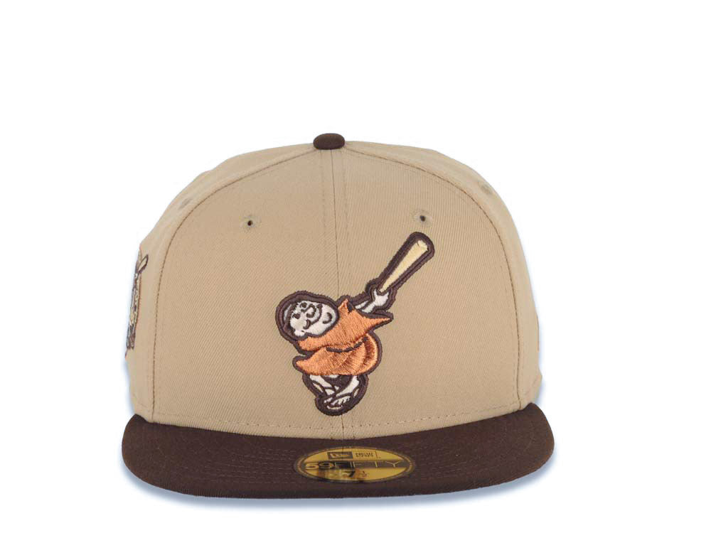 San Diego Padres New Era MLB 59FIFTY 5950 Fitted Cap Hat Khaki Crown Brown Visor Metallic Brown Swinging Friar Logo 40th Anniversary Side Patch