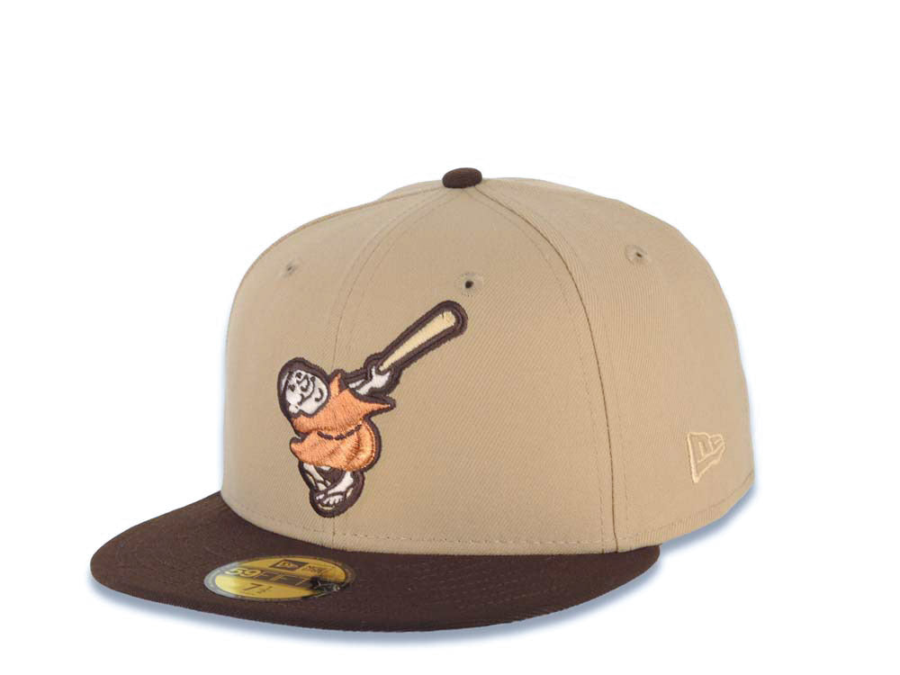 San Diego Padres New Era MLB 59FIFTY 5950 Fitted Cap Hat Khaki Crown Brown Visor Metallic Brown Swinging Friar Logo 40th Anniversary Side Patch