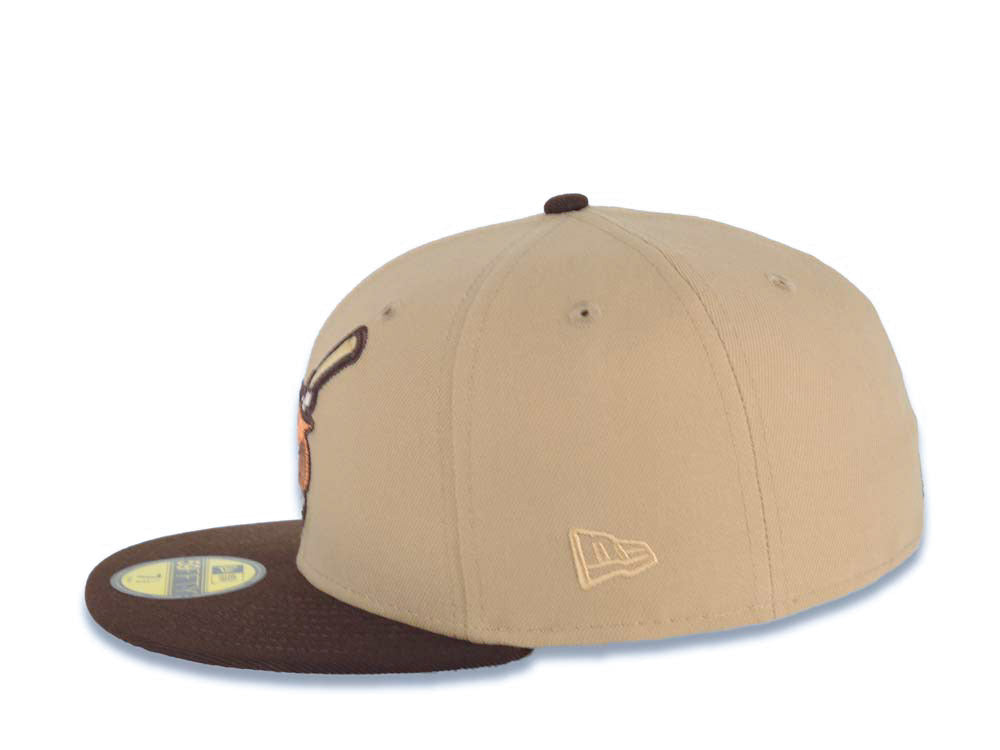 San Diego Padres New Era MLB 59FIFTY 5950 Fitted Cap Hat Khaki Crown Brown Visor Metallic Brown Swinging Friar Logo 40th Anniversary Side Patch