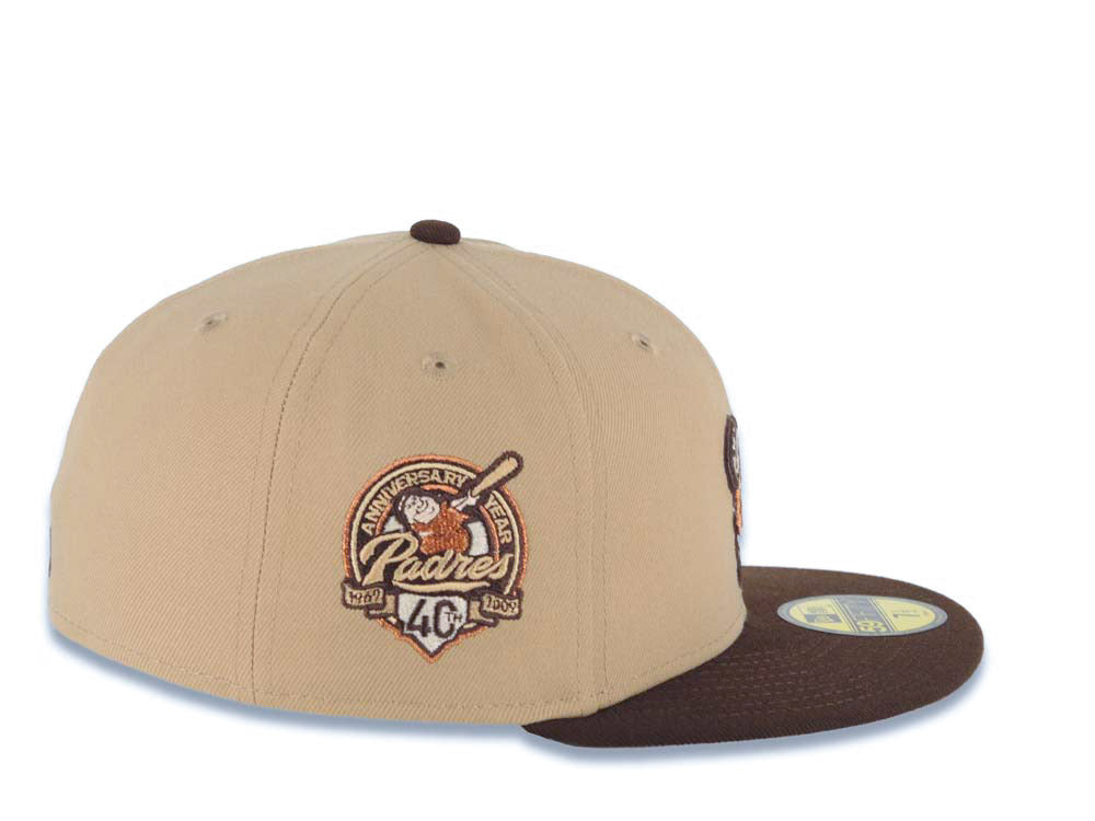 San Diego Padres New Era MLB 59FIFTY 5950 Fitted Cap Hat Khaki Crown Brown Visor Metallic Brown Swinging Friar Logo 40th Anniversary Side Patch