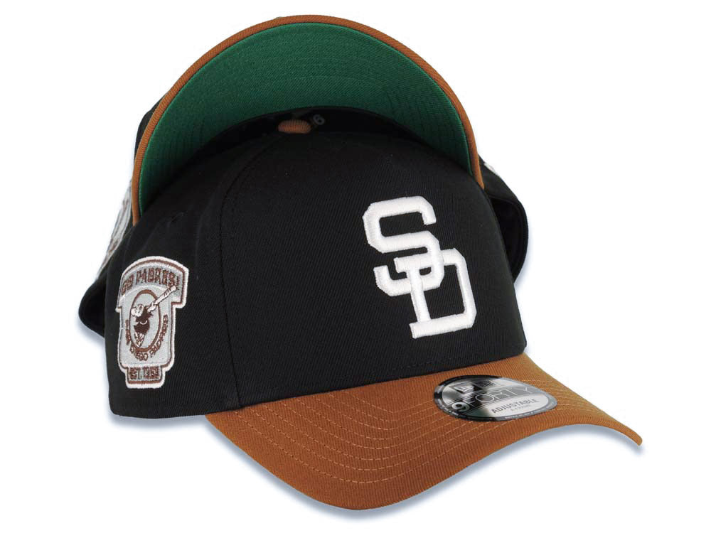 San Diego Padres New Era MLB 9FORTY 940 Adjustable A-Frame Cap Hat Black Crown Brown Visor White Cooperstown Logo Established 1969 Side Patch