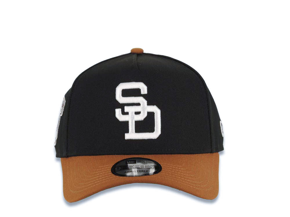 San Diego Padres New Era MLB 9FORTY 940 Adjustable A-Frame Cap Hat Black Crown Brown Visor White Cooperstown Logo Established 1969 Side Patch