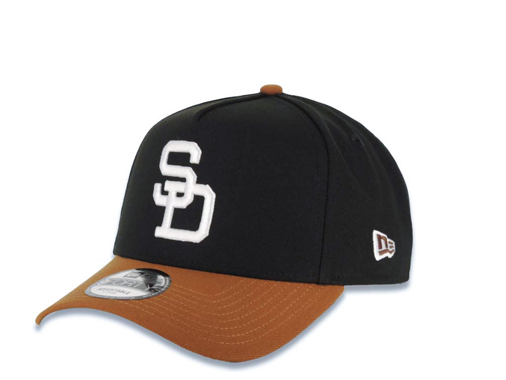 San Diego Padres New Era MLB 9FORTY 940 Adjustable A-Frame Cap Hat Black Crown Brown Visor White Cooperstown Logo Established 1969 Side Patch