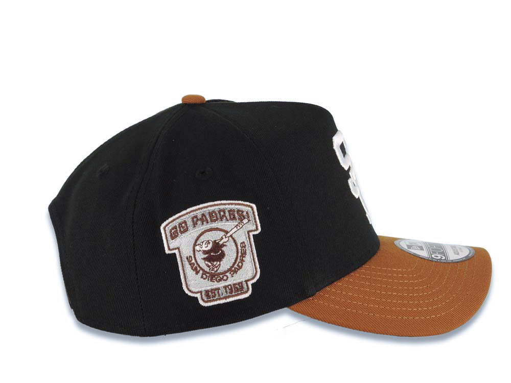 San Diego Padres New Era MLB 9FORTY 940 Adjustable A-Frame Cap Hat Black Crown Brown Visor White Cooperstown Logo Established 1969 Side Patch