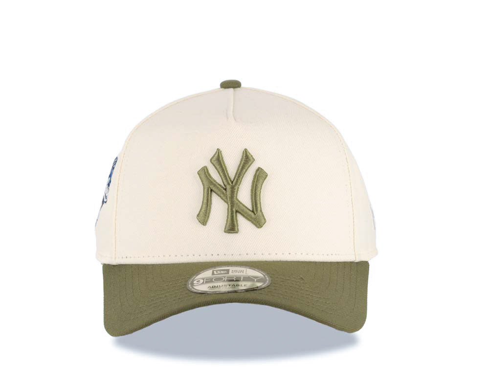 New York Yankees New Era MLB 9FORTY 940 Adjustable A-Frame Cap Hat Cream Crown Olive Green Visor Olive Green Logo 2000 World Series Side Patch