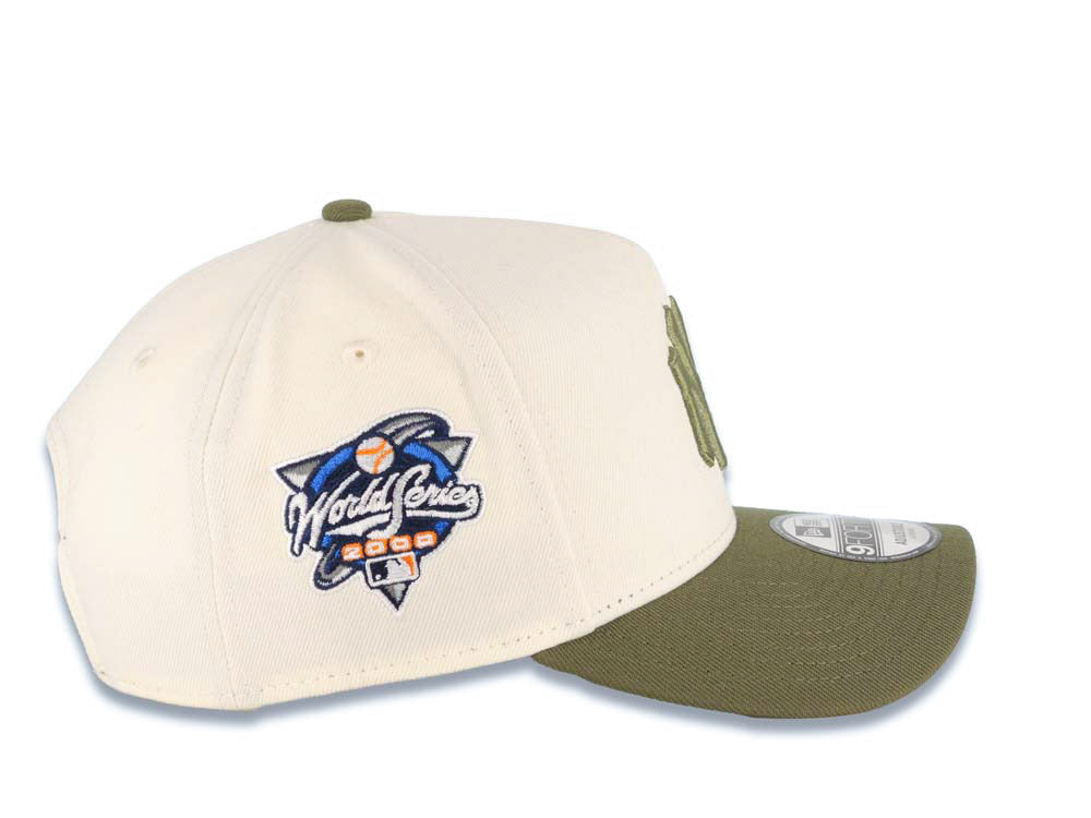 New York Yankees New Era MLB 9FORTY 940 Adjustable A-Frame Cap Hat Cream Crown Olive Green Visor Olive Green Logo 2000 World Series Side Patch