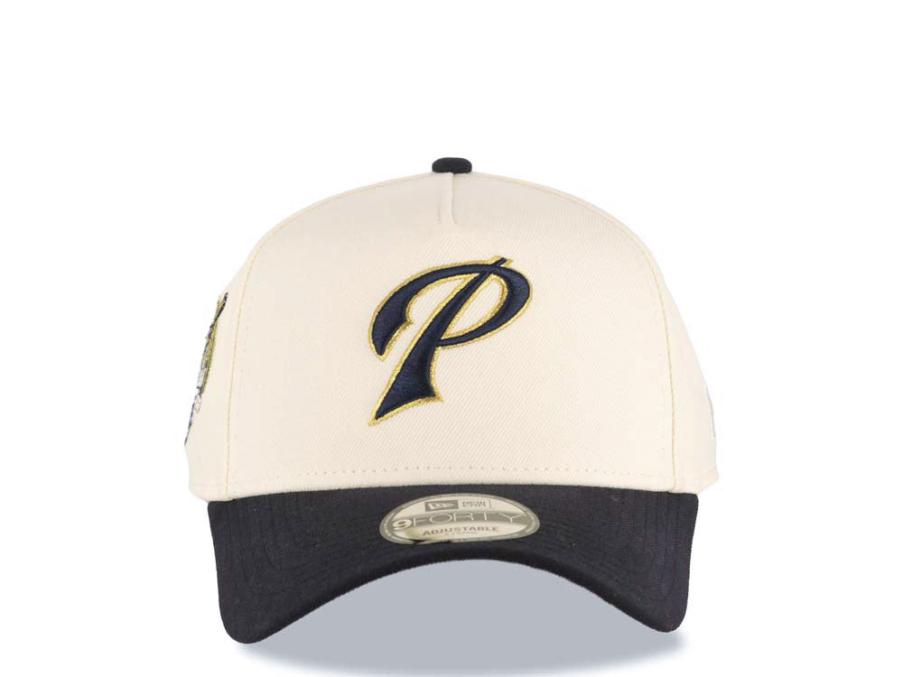 San Diego Padres New Era MLB 9FORTY 940 Adjustable A-Frame Cap Hat Cream Crown Navy Blue Visor Navy/Metallic Gold P Logo 40th Anniversary Side Patch