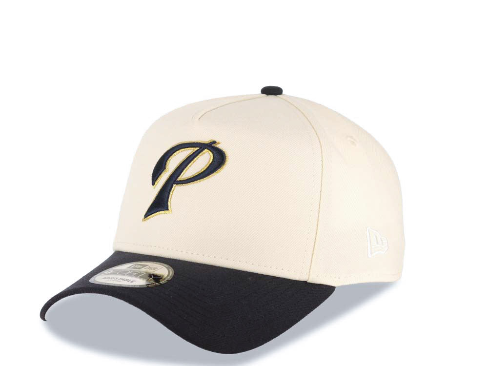 San Diego Padres New Era MLB 9FORTY 940 Adjustable A-Frame Cap Hat Cream Crown Navy Blue Visor Navy/Metallic Gold P Logo 40th Anniversary Side Patch