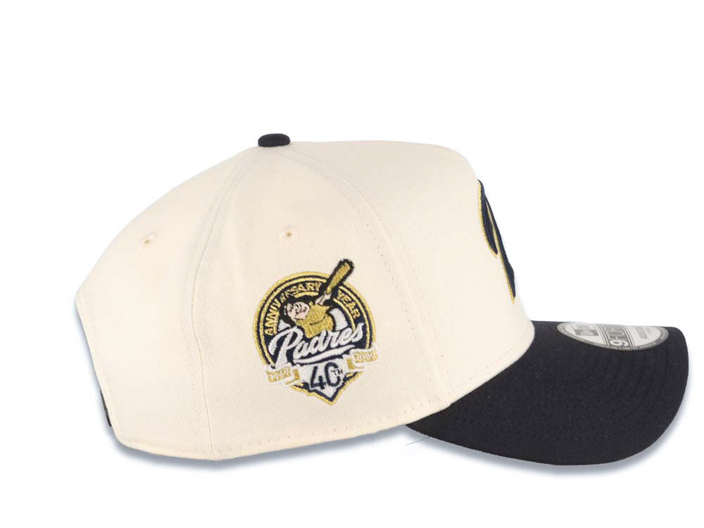 San Diego Padres New Era MLB 9FORTY 940 Adjustable A-Frame Cap Hat Cream Crown Navy Blue Visor Navy/Metallic Gold P Logo 40th Anniversary Side Patch