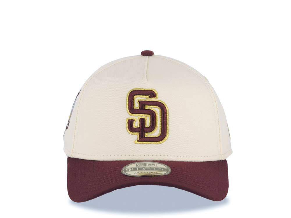 San Diego Padres New Era MLB 9FORTY 940 Adjustable A-Frame Cap Hat Cream Crown Maroon Visor Maroon/Metallic Gold Logo 40th Anniversary Side Patch