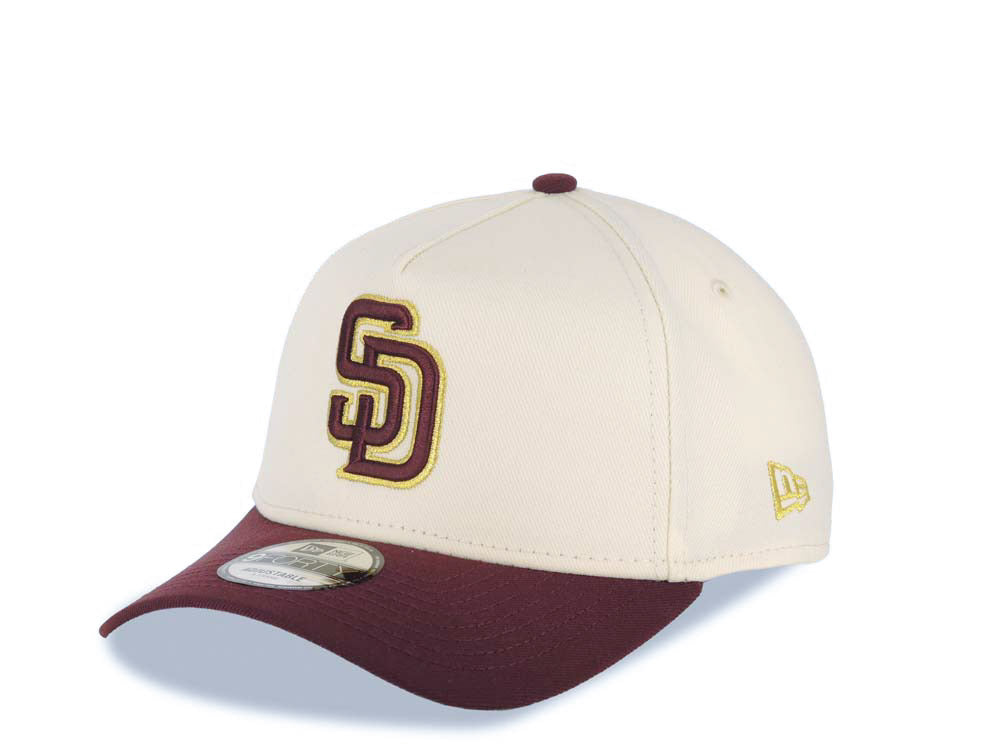 San Diego Padres New Era MLB 9FORTY 940 Adjustable A-Frame Cap Hat Cream Crown Maroon Visor Maroon/Metallic Gold Logo 40th Anniversary Side Patch