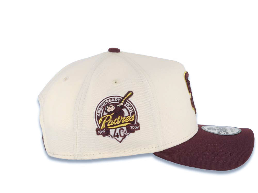 San Diego Padres New Era MLB 9FORTY 940 Adjustable A-Frame Cap Hat Cream Crown Maroon Visor Maroon/Metallic Gold Logo 40th Anniversary Side Patch