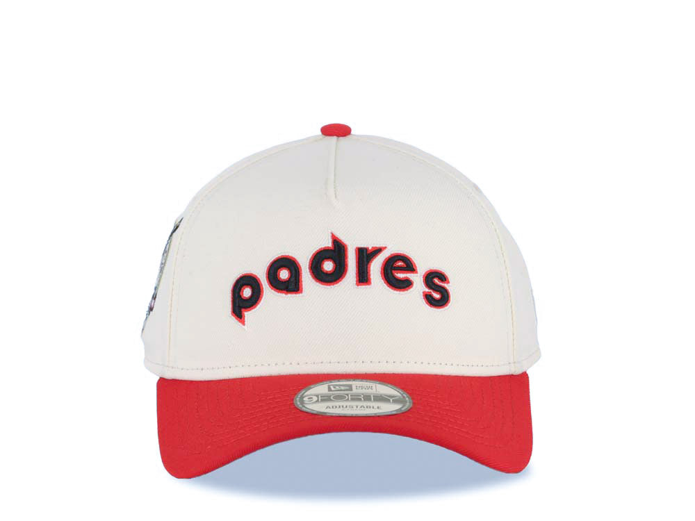 San Diego Padres New Era MLB 9FORTY 940 Adjustable A-Frame Cap Hat Cream Crown Red Visor Black/Red Script/Text Logo 40th Anniversary Side Patch